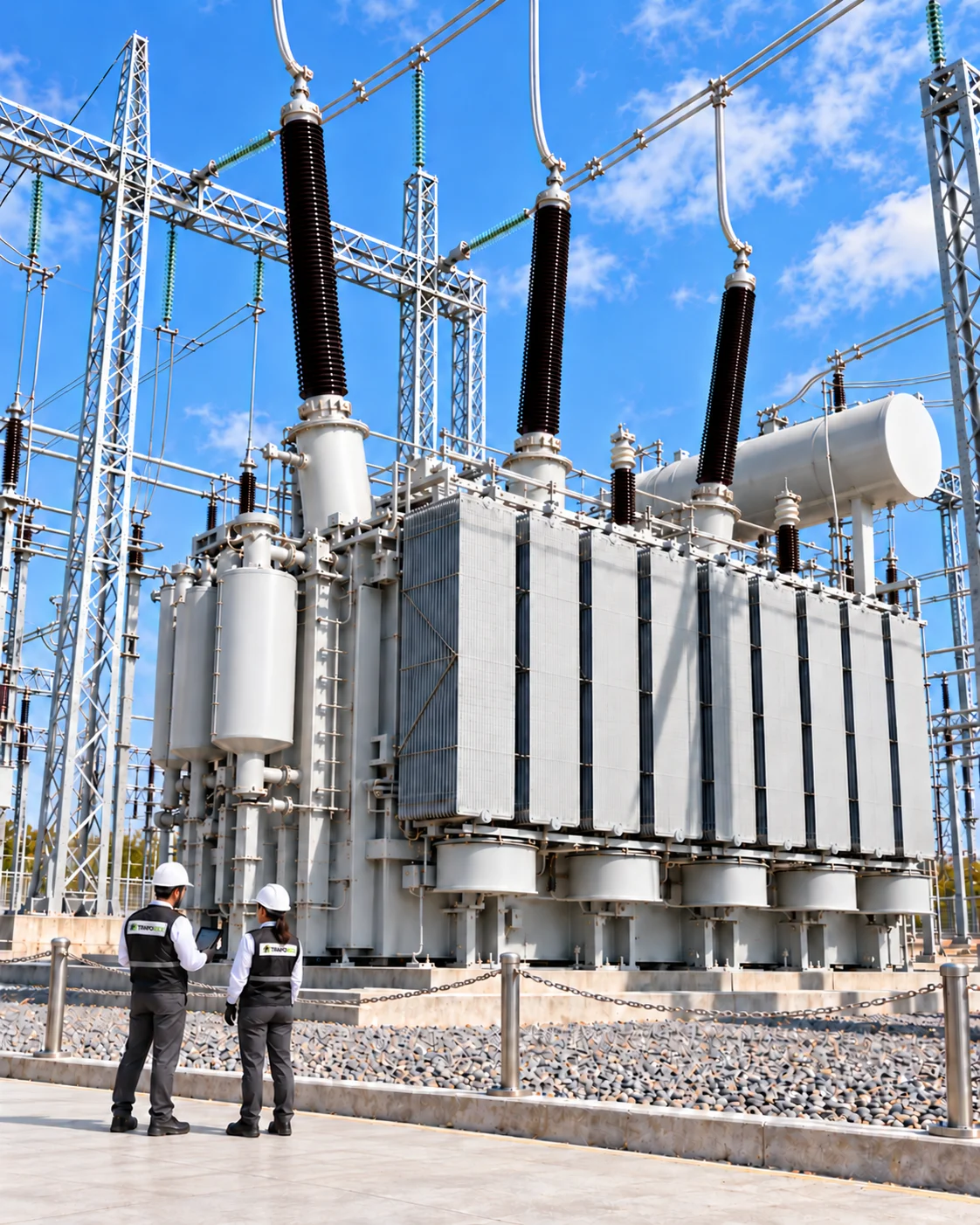 Transformador de potencia con dos ingenieros en inspección